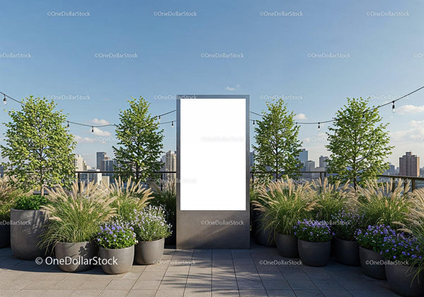 Urban rooftop garden with customizable blank billboard JPG Mockup Image