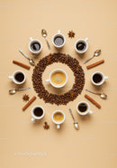 Assorted Coffee Cups with Beans and Spices on Beige