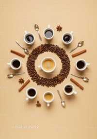 Assorted Coffee Cups with Beans and Spices on Beige
