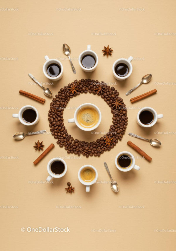 Assorted Coffee Cups with Beans and Spices on Beige
