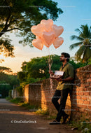 Man holding heart-shaped balloons and chocolates outdoors