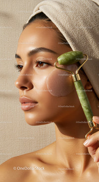 Close-up of a Woman Using Jade Roller for Skin Rejuvenation and Facial Care