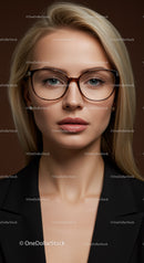 Confident Blonde Woman Wearing Stylish Glasses in Studio Portrait