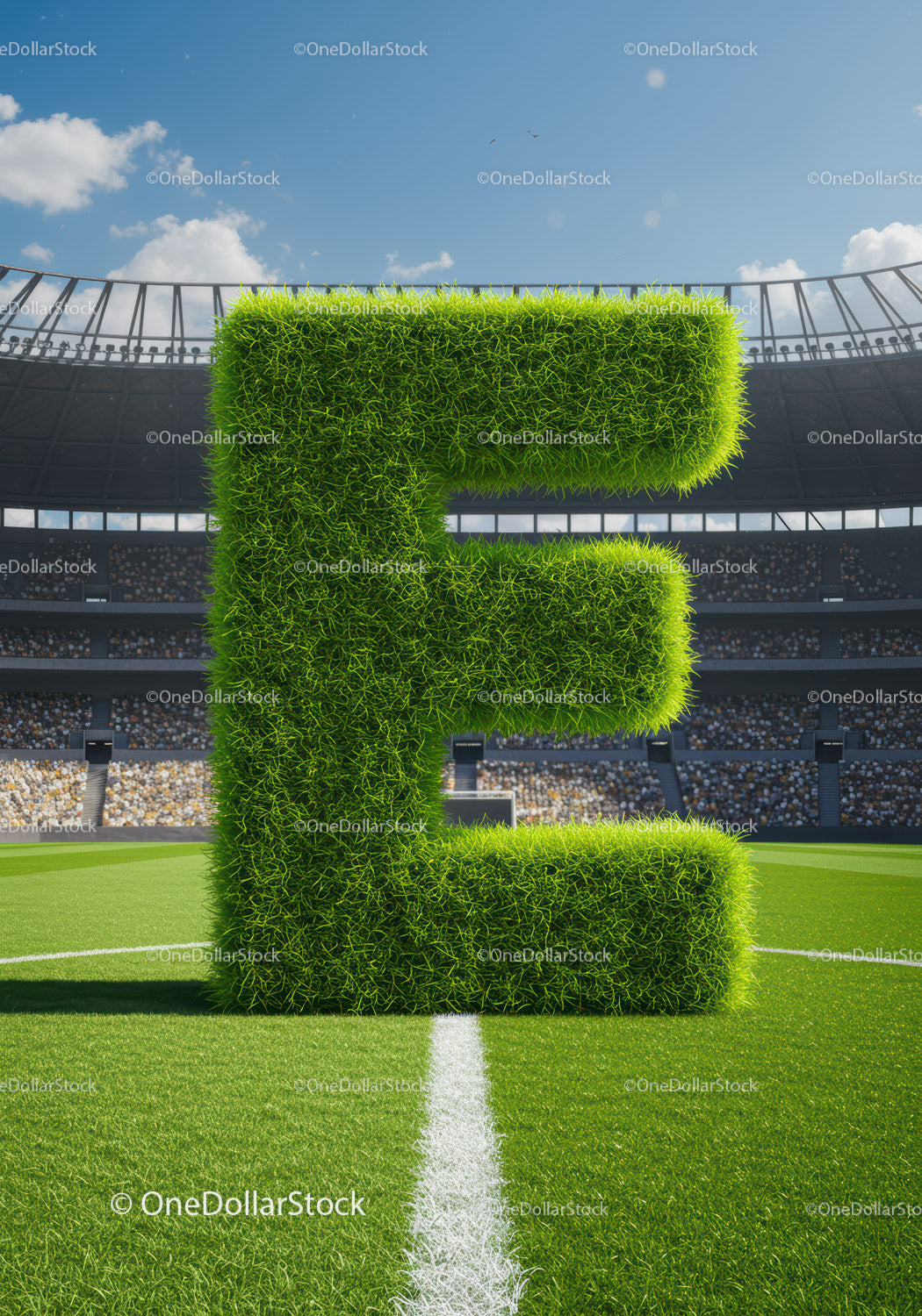 Large Grass Letter E Standing on Soccer Field