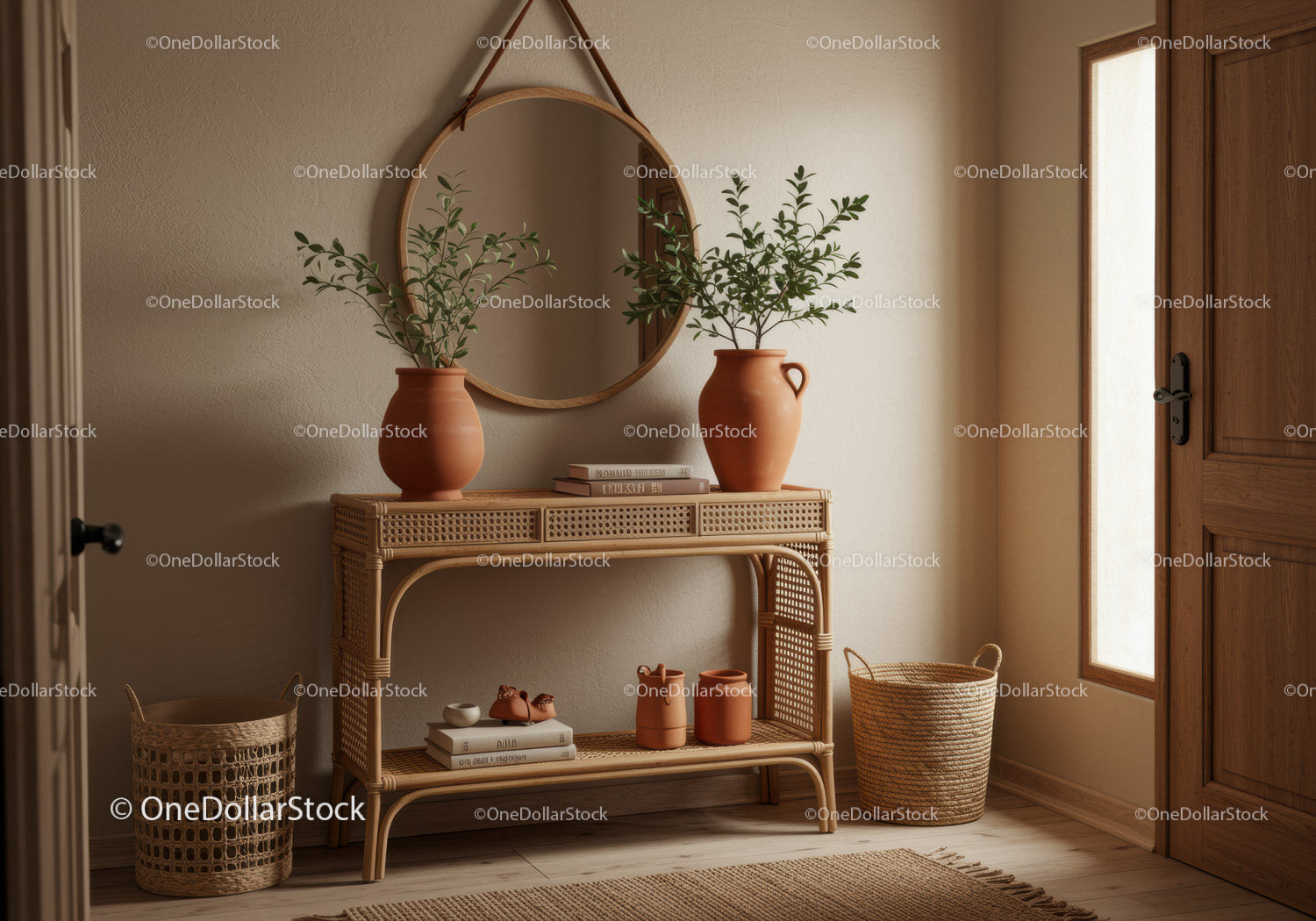 Cozy entryway with natural decor and warm lighting