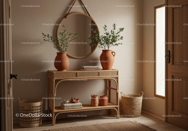 Cozy entryway with natural decor and warm lighting