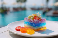 Colorful Layered Jelly Dessert with Fresh Fruit Toppings