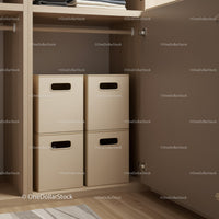 Beige Storage Bins in Wooden Closet for Organization and Space Saving