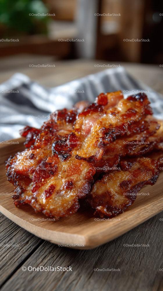 Stack of Crispy Bacon Strips on Wooden Plate for Breakfast
