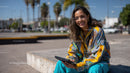 Young Woman Smiling Sitting Outdoors with Tablet in City Street