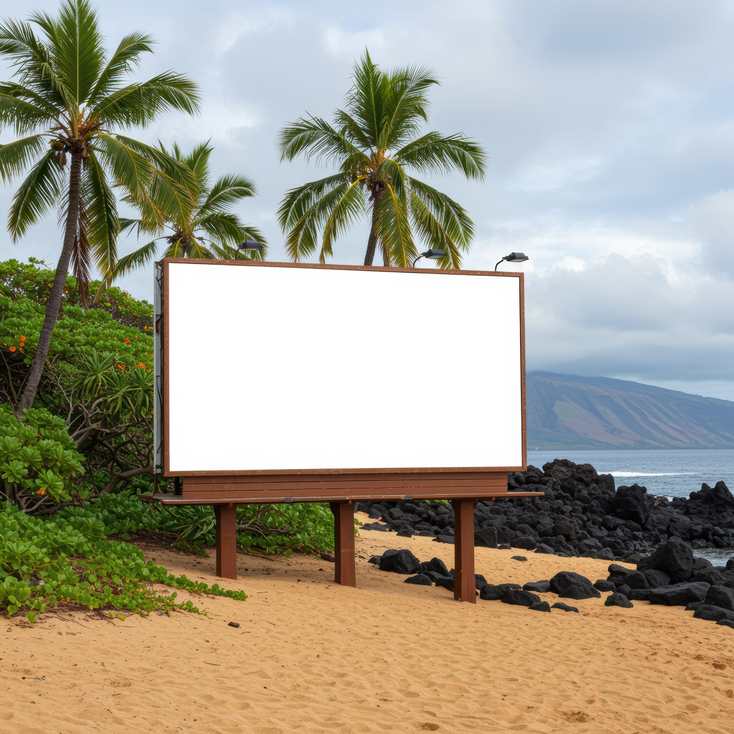 Blank billboard on tropical beach with palm trees
