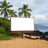 Blank billboard on tropical beach with palm trees