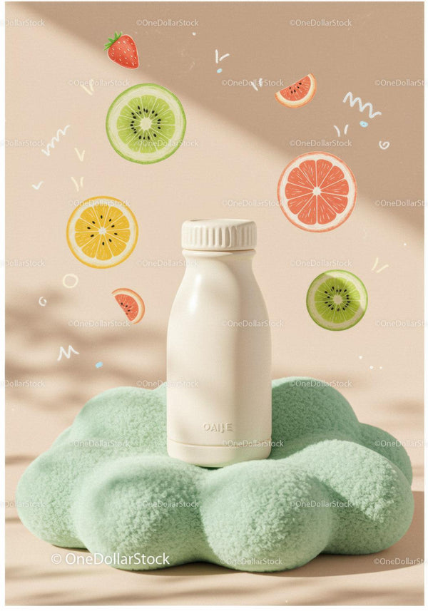 Minimalist bottle with fresh fruit illustrations
