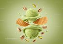 Close up of pistachio ice cream scoops with waffle pieces