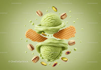 Close up of pistachio ice cream scoops with waffle pieces