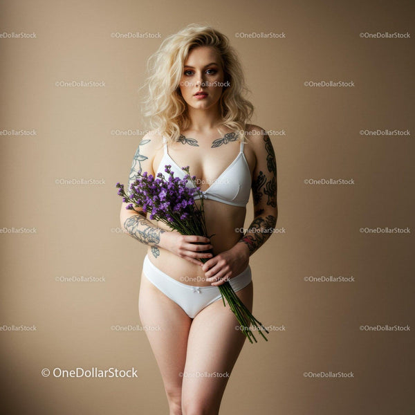 Beautiful Woman with Blonde Hair Holding Purple Flowers in White Lingerie