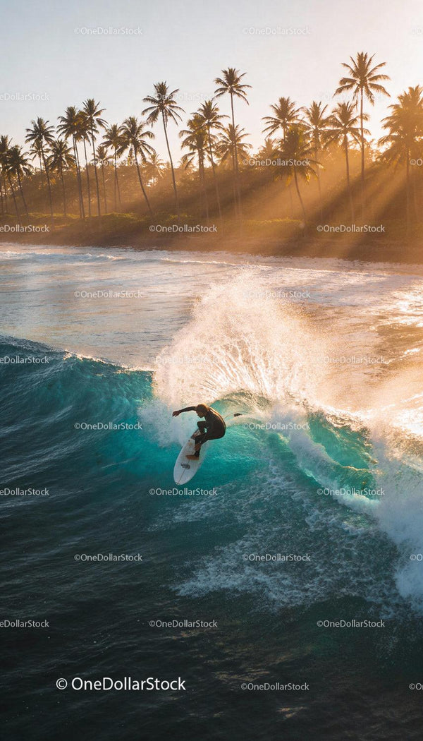 Surfer Riding Wave at Sunset Near Palm Trees
