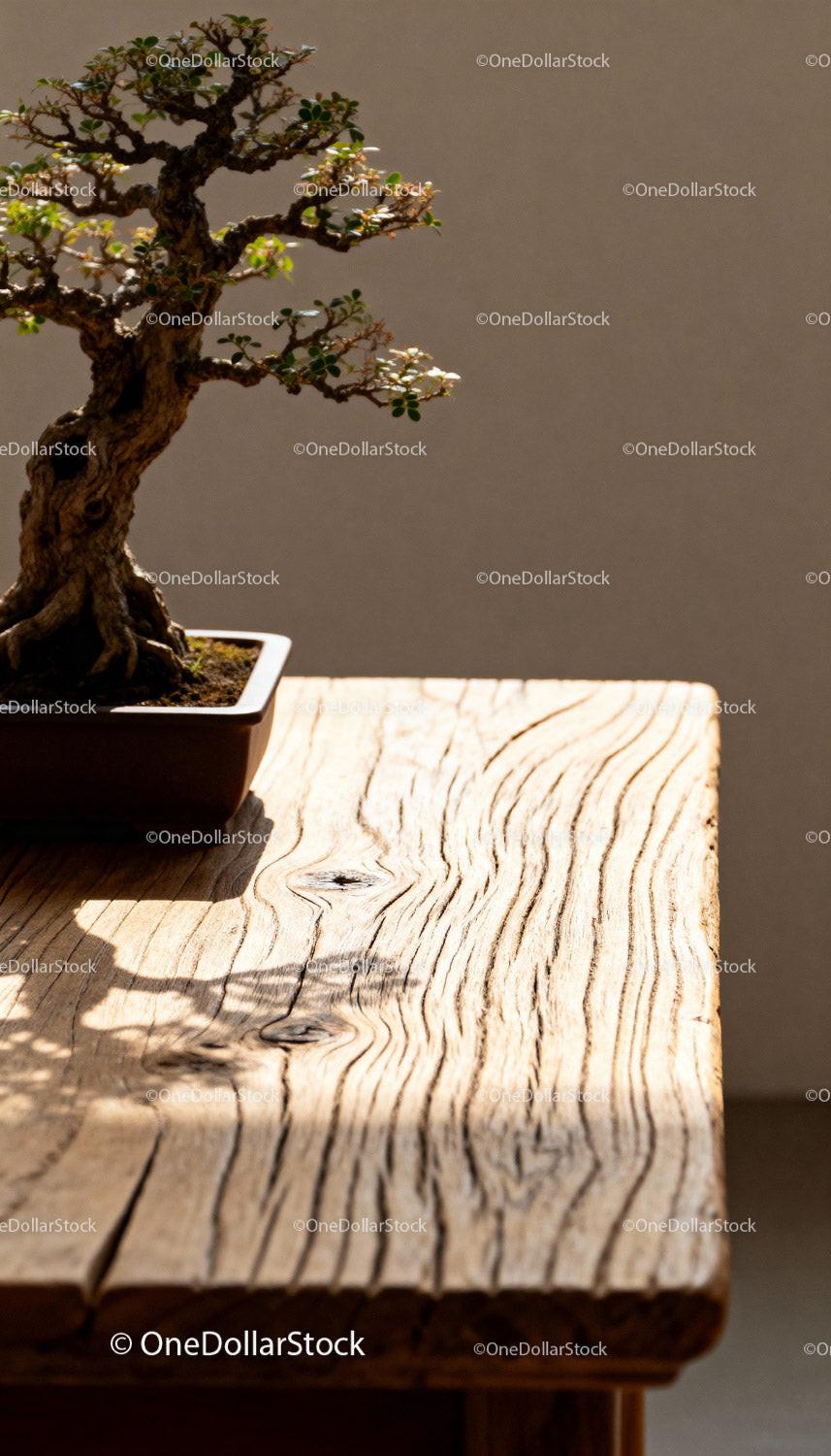 Miniature bonsai tree casting shadow on wooden table
