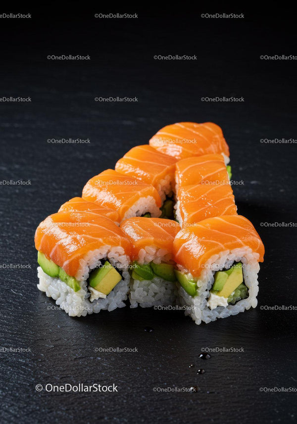 Fresh salmon sushi rolls with avocado on black slate