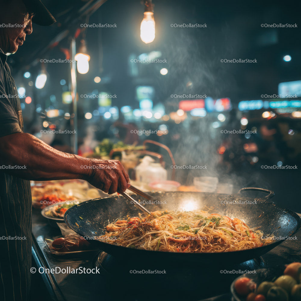 Night Market Street Food Vendor Cooking Steaming Asian Noodles