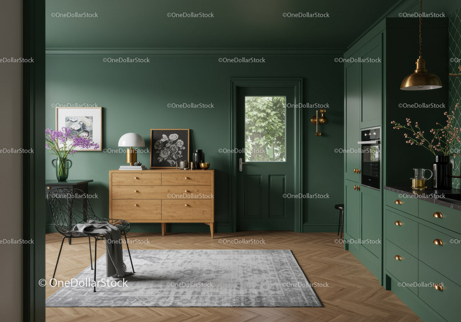 Elegant Green Kitchen with Wooden Dining and Modern Decor