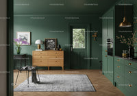 Elegant Green Kitchen with Wooden Dining and Modern Decor