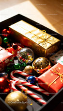 Christmas presents and decorations with warm sunlight
