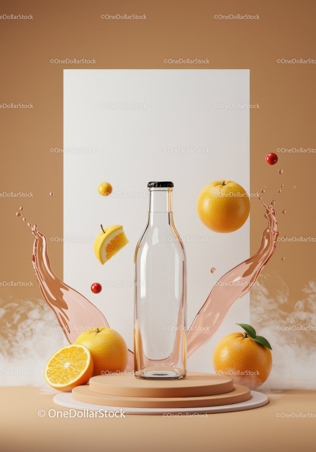 Clear glass bottle surrounded by fresh citrus fruits and splashes
