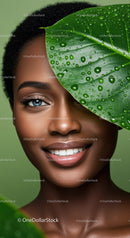 Elegant Woman with Leaf and Water Droplets for Natural Beauty