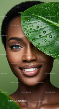 Elegant Woman with Leaf and Water Droplets for Natural Beauty