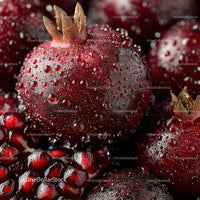 Close-up of Ripe Red Pomegranate with Dew Drop Details