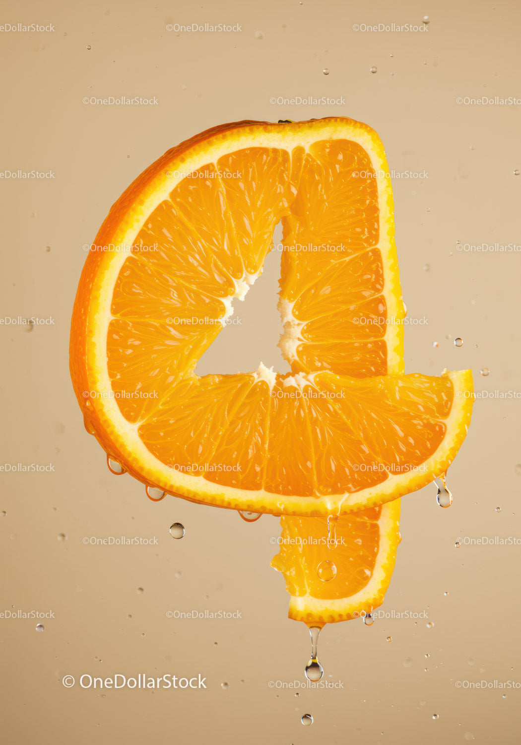 Fresh orange slice shaped as number four with water droplets
