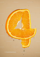 Fresh orange slice shaped as number four with water droplets