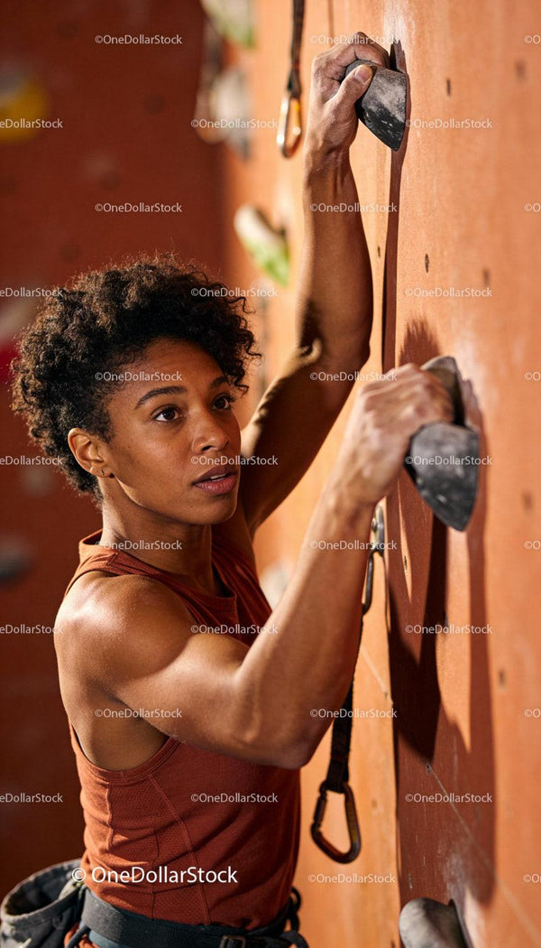 Focused woman climbing indoor rock wall with strength