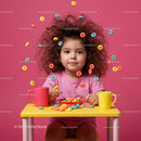 Curly girl enjoying colorful breakfast cereal fun
