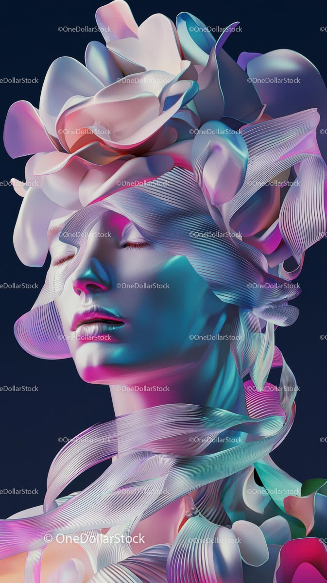 Futurystyczny portret kobiety z powiewającymi wstążkami i oświetleniem neonowym