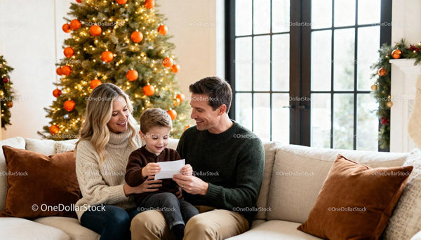Happy family enjoying a cozy moment by Christmas tree