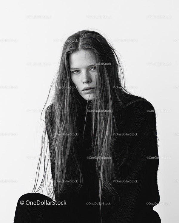 Monochrome Portrait of a Young Woman with Wet Hair and Intense Expression