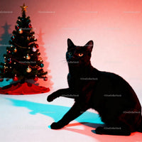 Curious black cat near decorated Christmas tree