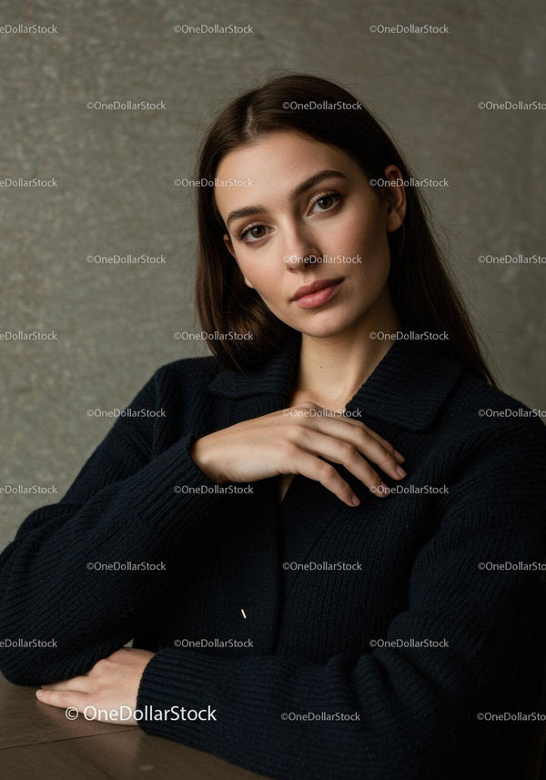 Elegancki Portret Kobiety w Stylowym Czarnym Swetrze z Pewnym Wyrazem Twarzy