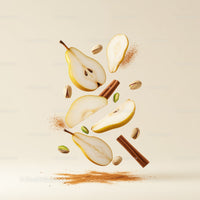 Floating pear slices with cinnamon and pistachios on light background