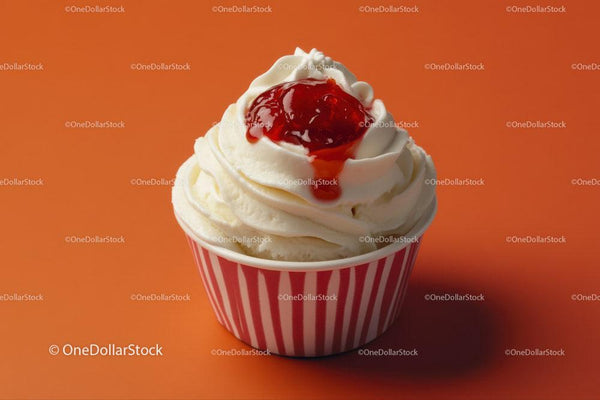 Vanilla Ice Cream Cup with Strawberry Syrup on Orange Background