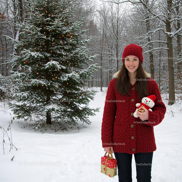 Smiling woman with Christmas gifts in snowy forest