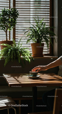 Hand Holding Coffee Cup in a Cozy Cafe Surrounded by Plants