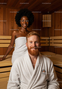 Happy Couple Enjoying Sauna in Wellness Center With Wooden Interior