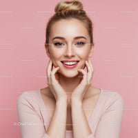 Young Woman Smiling Portrait with Pink Background and Blonde Hair
