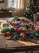 Cozy Christmas Decorations Spread on Rustic Wooden Table