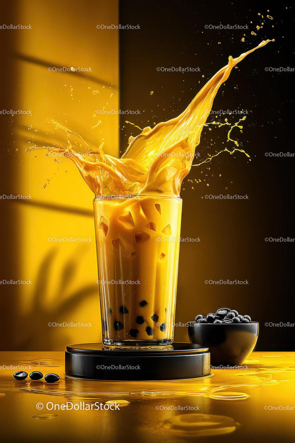 Refreshing Bubble Tea with Black Tapioca Pearls and Splash Effect