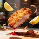 Crispy fried cutlet with lemon and caramelized onions