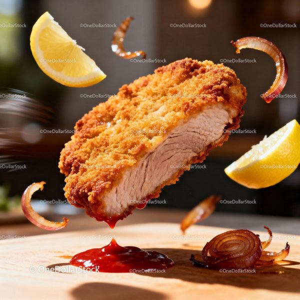 Chrupiacy smażony kotlet z cytryną i karmelizowaną cebulą